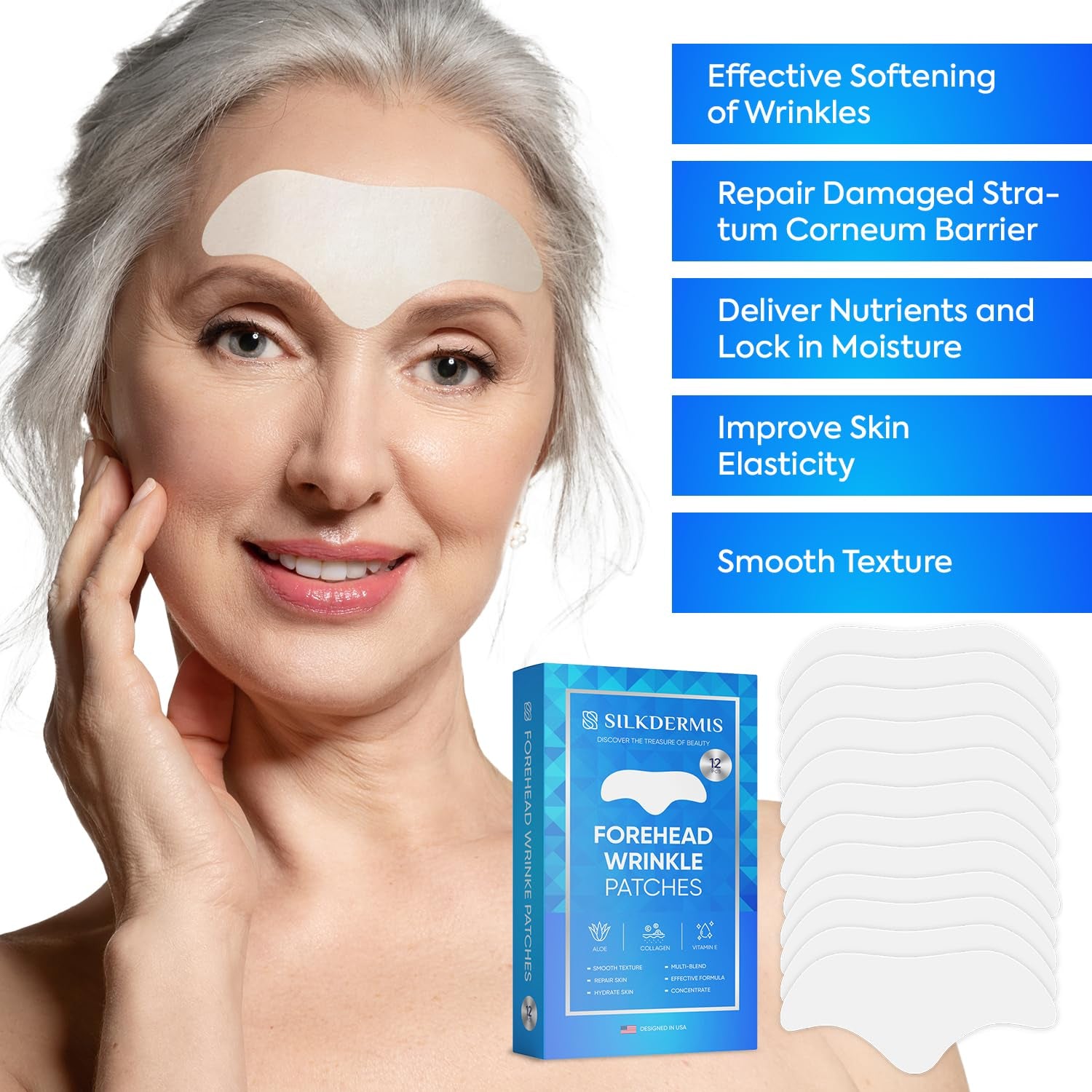 Forehead Wrinkle Patches 12Pcs with Aloe, Collagen, Vitamin E, anti Wrinkle Patches, Forehead Wrinkles Treatment